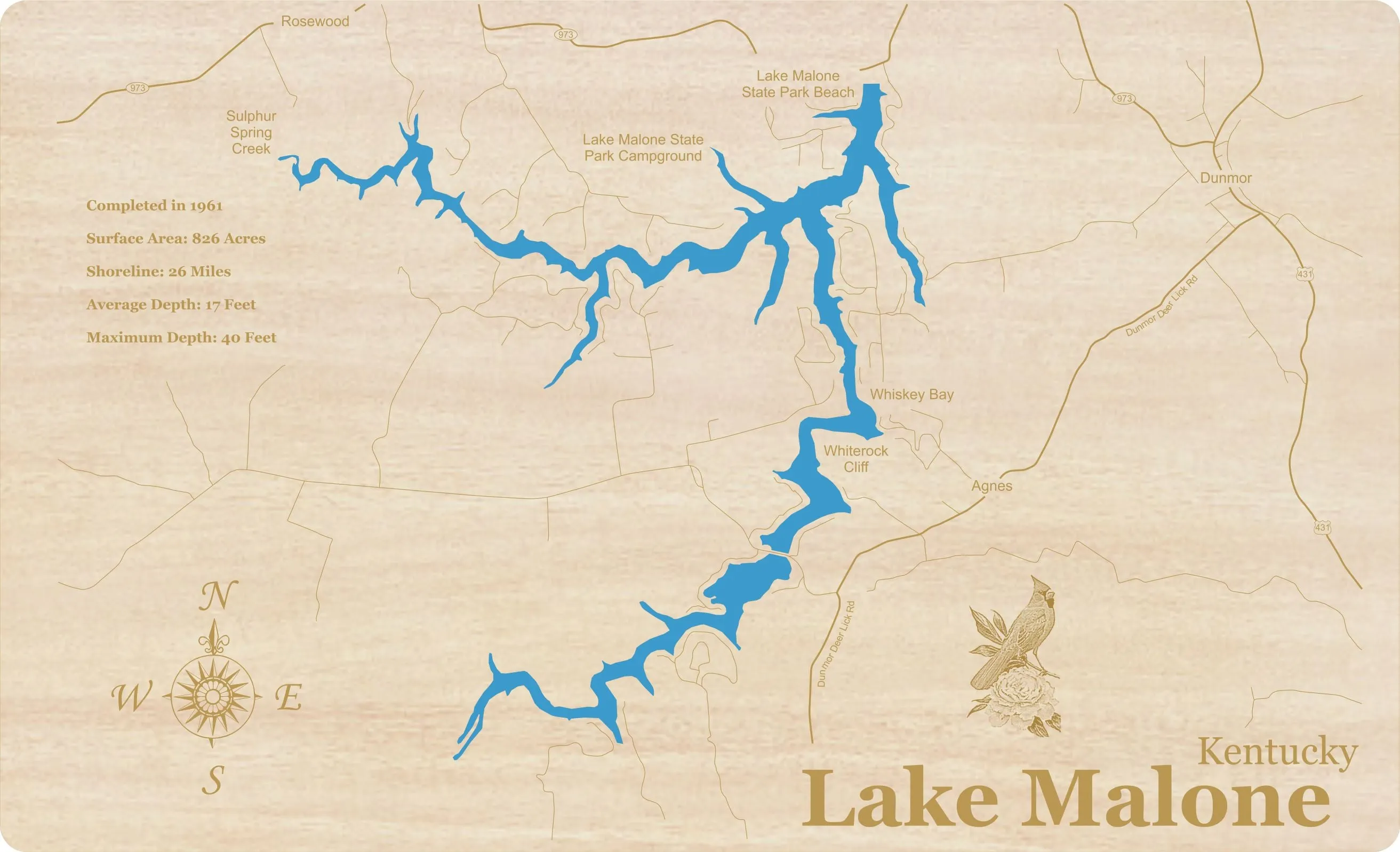 Lake Malone, Kentucky - Laser Cut Wood Map