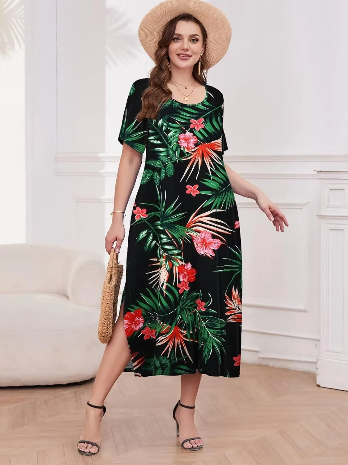 LARACE Plus Size Maxi Dress for Womens Summer Short Sleeve T Shirt Dress with Pockets Loose Fit Casual Sundresses with Slit