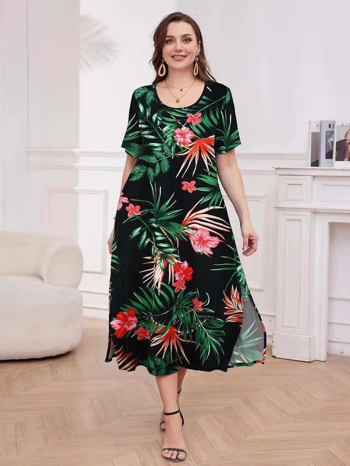 LARACE Plus Size Maxi Dress for Womens Summer Short Sleeve T Shirt Dress with Pockets Loose Fit Casual Sundresses with Slit