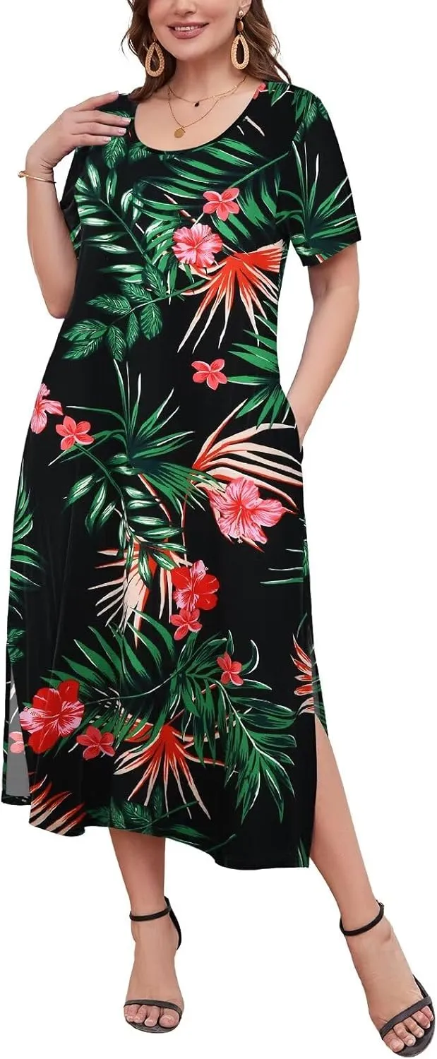 LARACE Plus Size Maxi Dress for Womens Summer Short Sleeve T Shirt Dress with Pockets Loose Fit Casual Sundresses with Slit