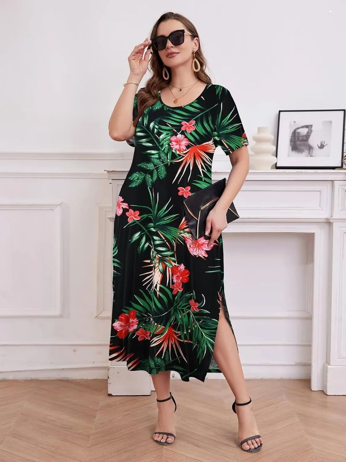 LARACE Plus Size Maxi Dress for Womens Summer Short Sleeve T Shirt Dress with Pockets Loose Fit Casual Sundresses with Slit