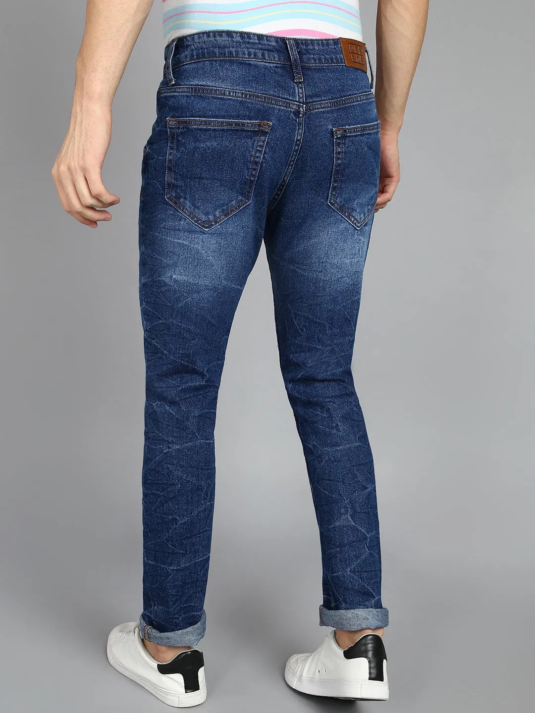 Men's Blue Slim Fit Heavy Washed Mild Distressed Patched Jeans Stretch
