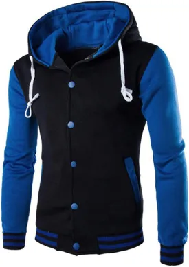Men's Hooded Varsity Jacket,Slim Button Down Baseball Jacket Outwear Colorblock Casual Sports Drawstring Sweatshirts