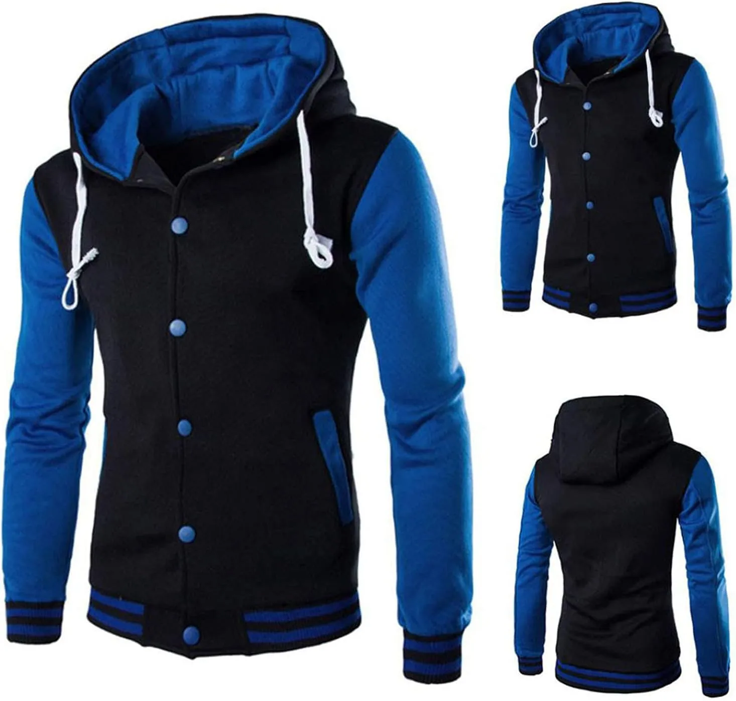 Men's Hooded Varsity Jacket,Slim Button Down Baseball Jacket Outwear Colorblock Casual Sports Drawstring Sweatshirts