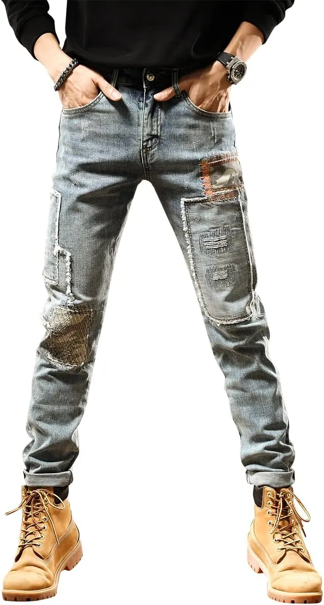 Mens Jeans Vintage Wash Grey Contrast Patch Fashion Casual Slim Fit Stretch Jeans.