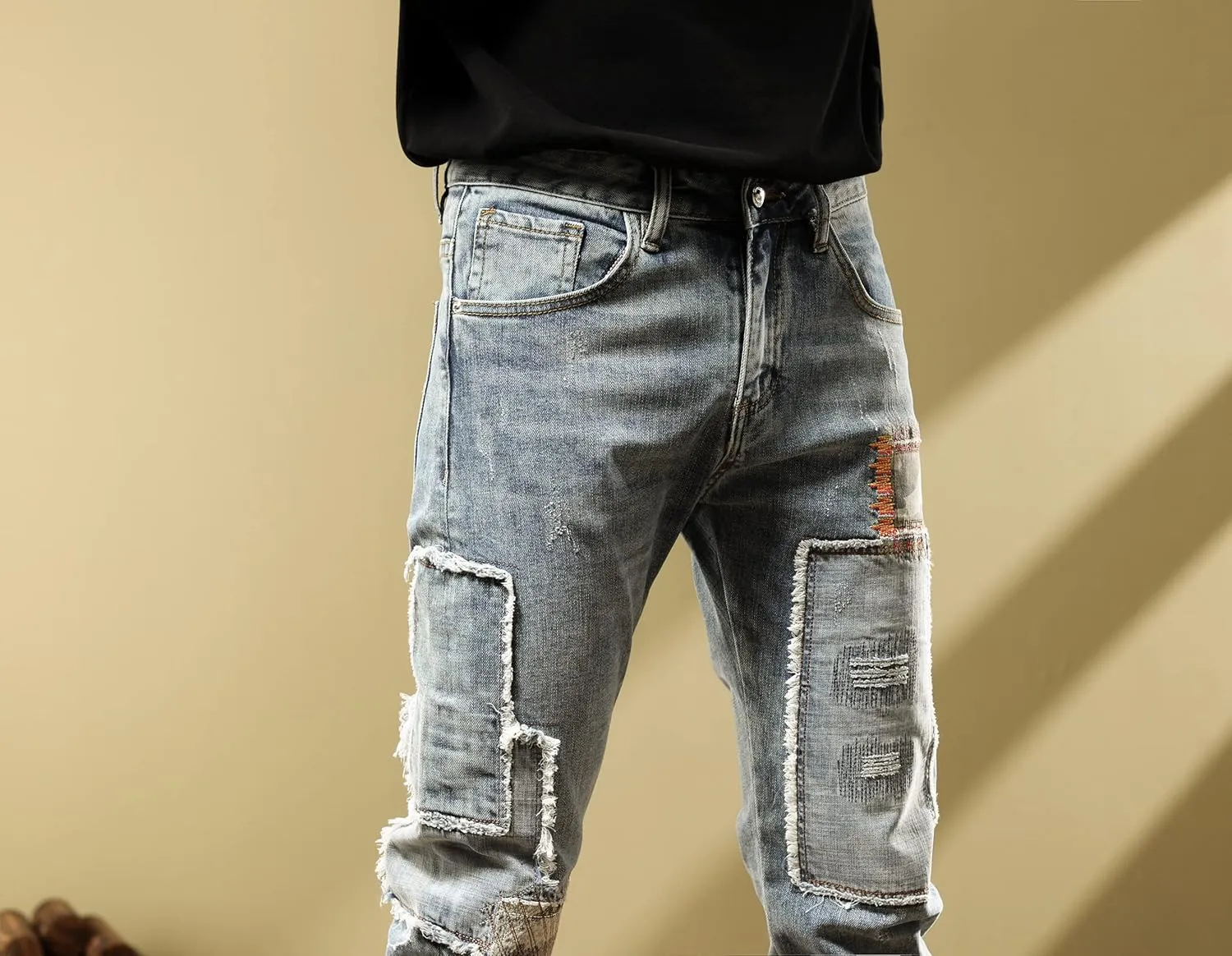 Mens Jeans Vintage Wash Grey Contrast Patch Fashion Casual Slim Fit Stretch Jeans.