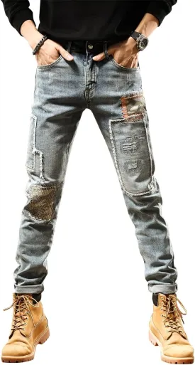 Mens Jeans Vintage Wash Grey Contrast Patch Fashion Casual Slim Fit Stretch Jeans.