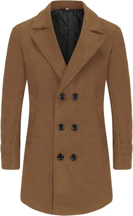Men's Trench Casual Long Jacket Winter Classic Wool Blend Overcoat with Pockets