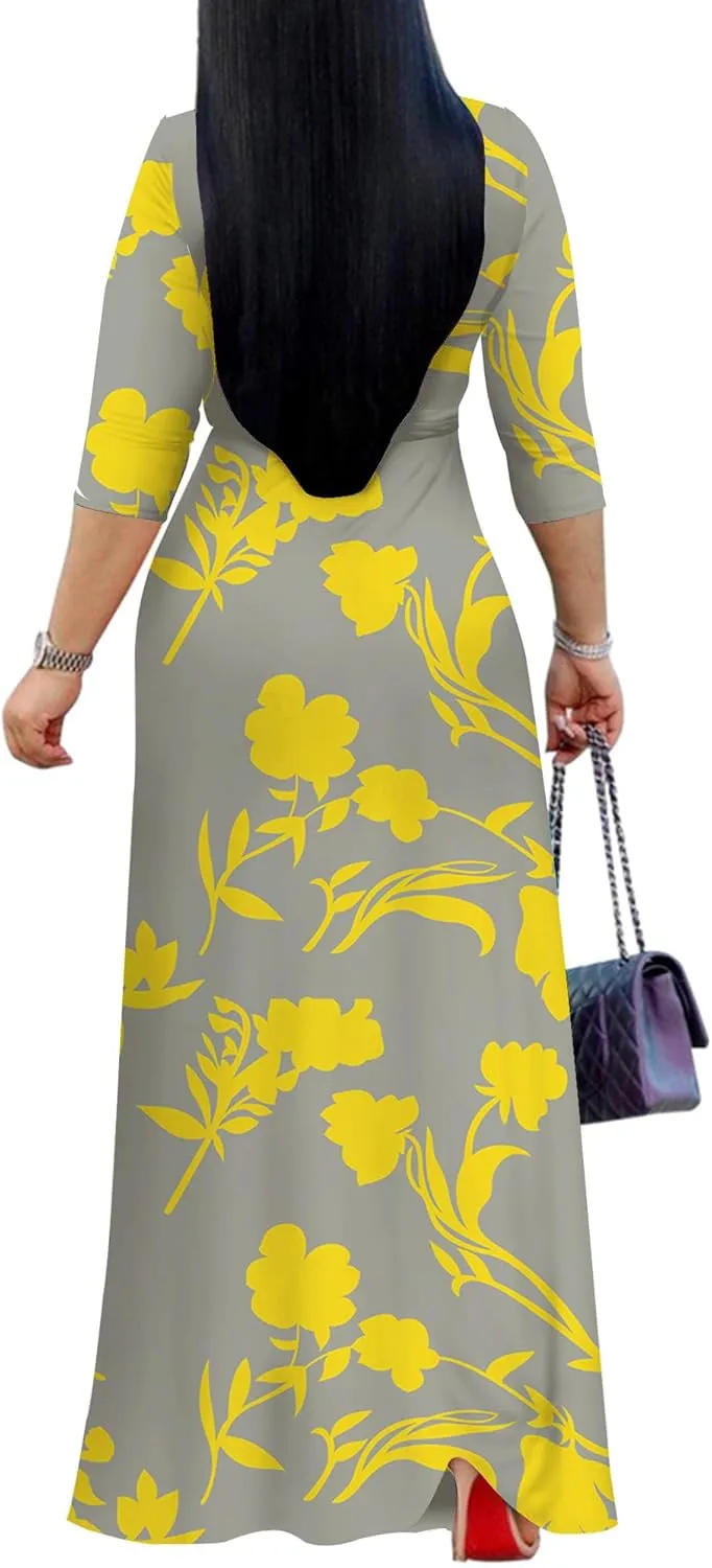 Mrskoala Women Plus Size Long Maxi Wrap Dresses Summer Sundress V-Neck 3/4 Sleeve