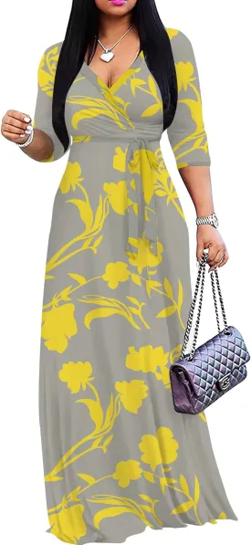 Mrskoala Women Plus Size Long Maxi Wrap Dresses Summer Sundress V-Neck 3/4 Sleeve