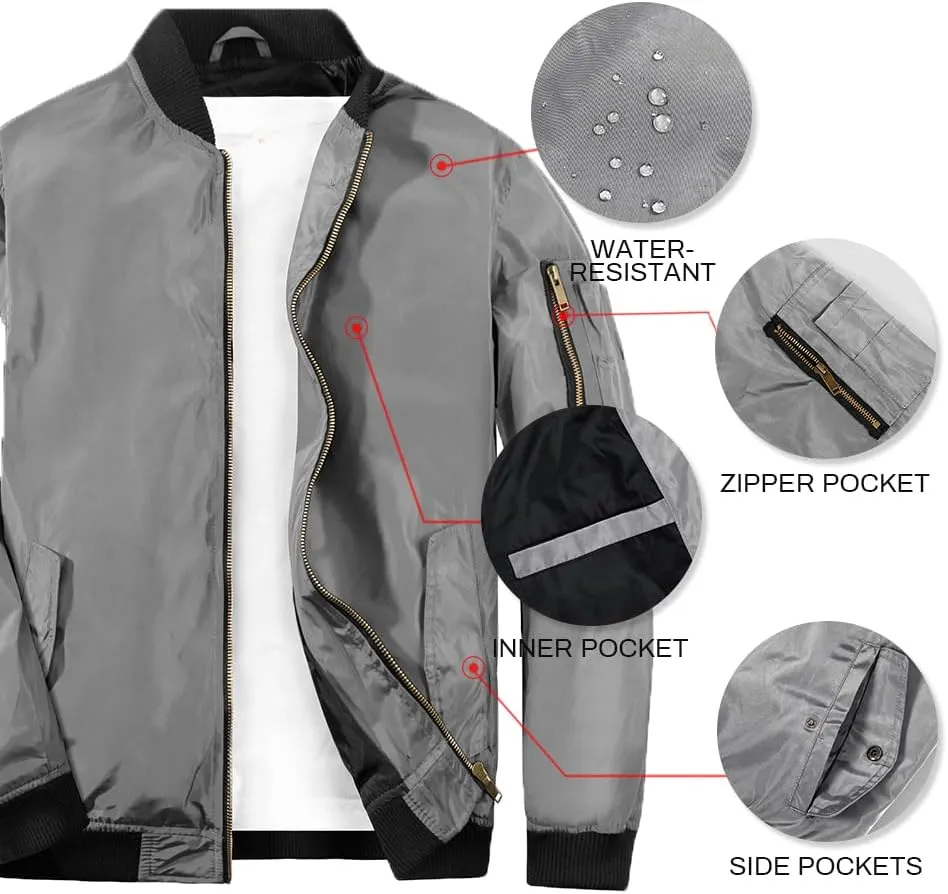 Mywu Mens Bomber Jacket Slim Fit Casual Windproof Lightweight Jackets