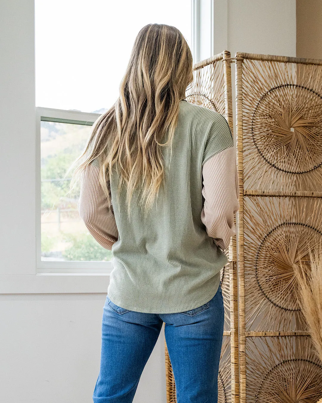 NEW! Sonya Corded Color Block Top - Light Olive