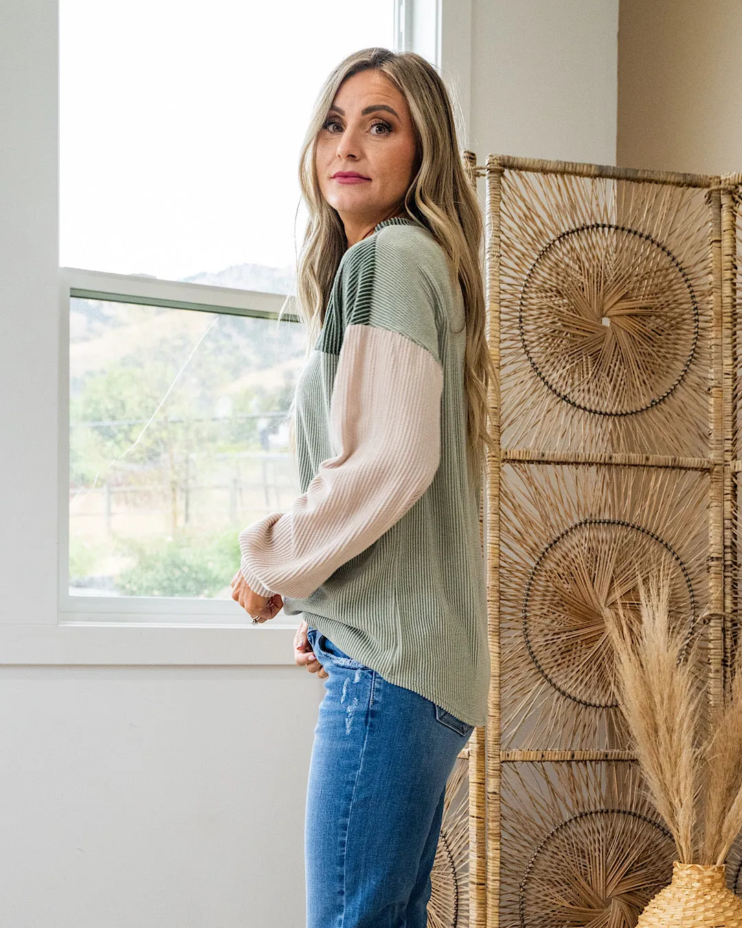 NEW! Sonya Corded Color Block Top - Light Olive