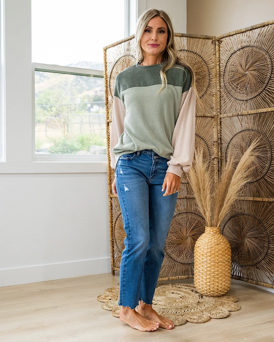 NEW! Sonya Corded Color Block Top - Light Olive