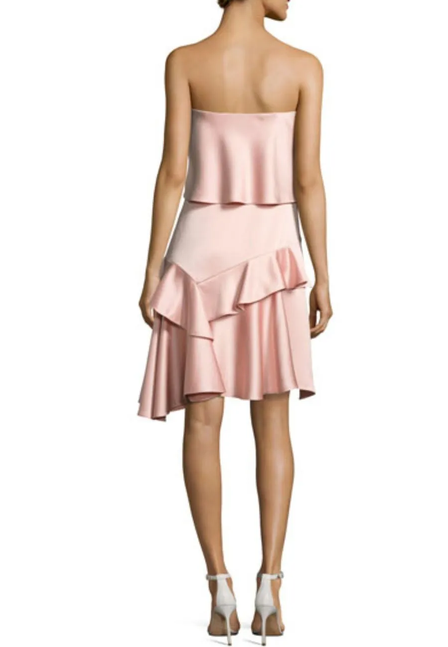 Nude Satin Strapless Flounce Mini Dress