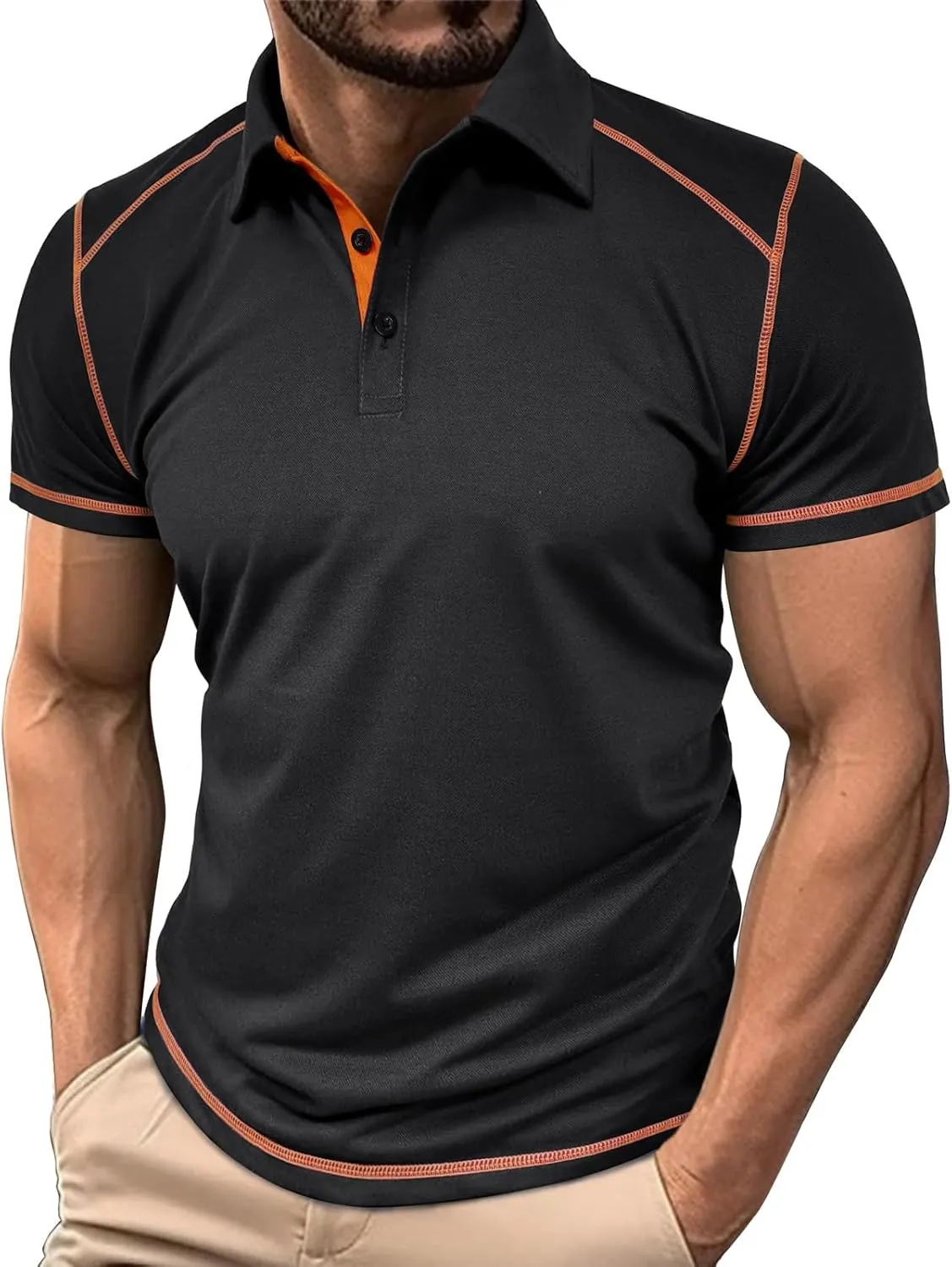 Nuofengkudu Men's Polo Shirts Short Sleeve Slim Fit Tops Color Block Casual Golf T-Shirt