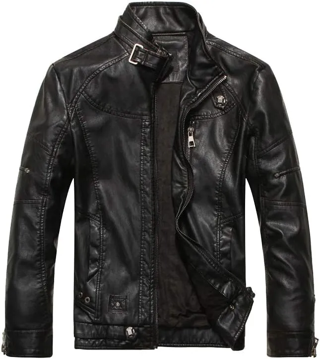 PASOK Men's Faux Leather Jacket Vintage Stand Collar Motorcycle PU Leather Outwear Coat