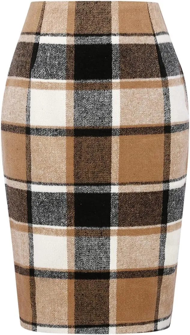 Plaid Midi Skirts for Women 2024 Fall Winter Pencil Bodycon with Slit High Waist Cute Skirt