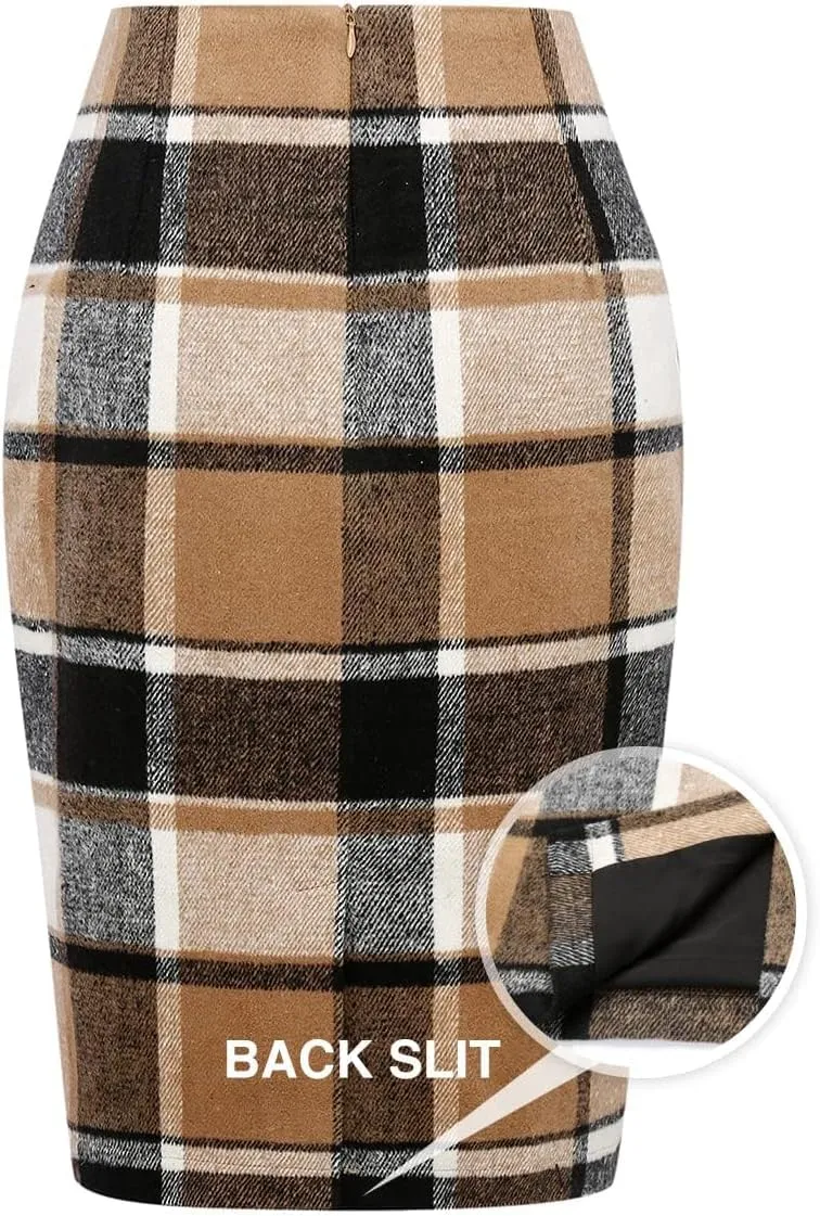 Plaid Midi Skirts for Women 2024 Fall Winter Pencil Bodycon with Slit High Waist Cute Skirt
