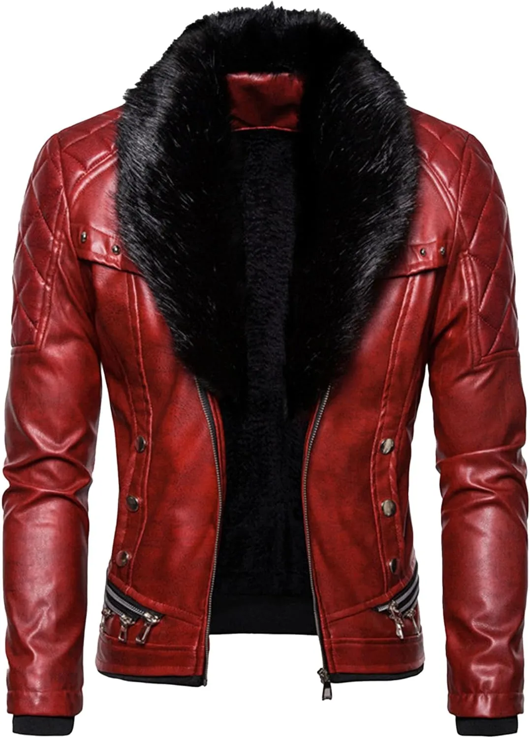 "Men's Removable Fur Collar Jacket Retro Leather Jacket Vintage Style Motorcycle Pocket Zipper Up Jacket "