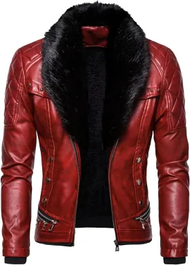 "Men's Removable Fur Collar Jacket Retro Leather Jacket Vintage Style Motorcycle Pocket Zipper Up Jacket "