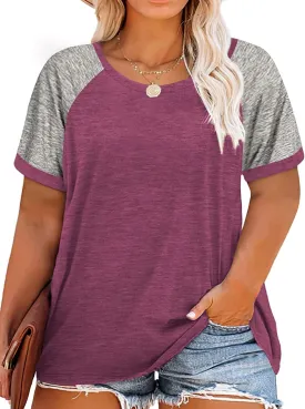 ROSRISS Plus Size Tops for Women Summer Raglan Color Block T Shirts Short Sleeve Loose Fit Tee