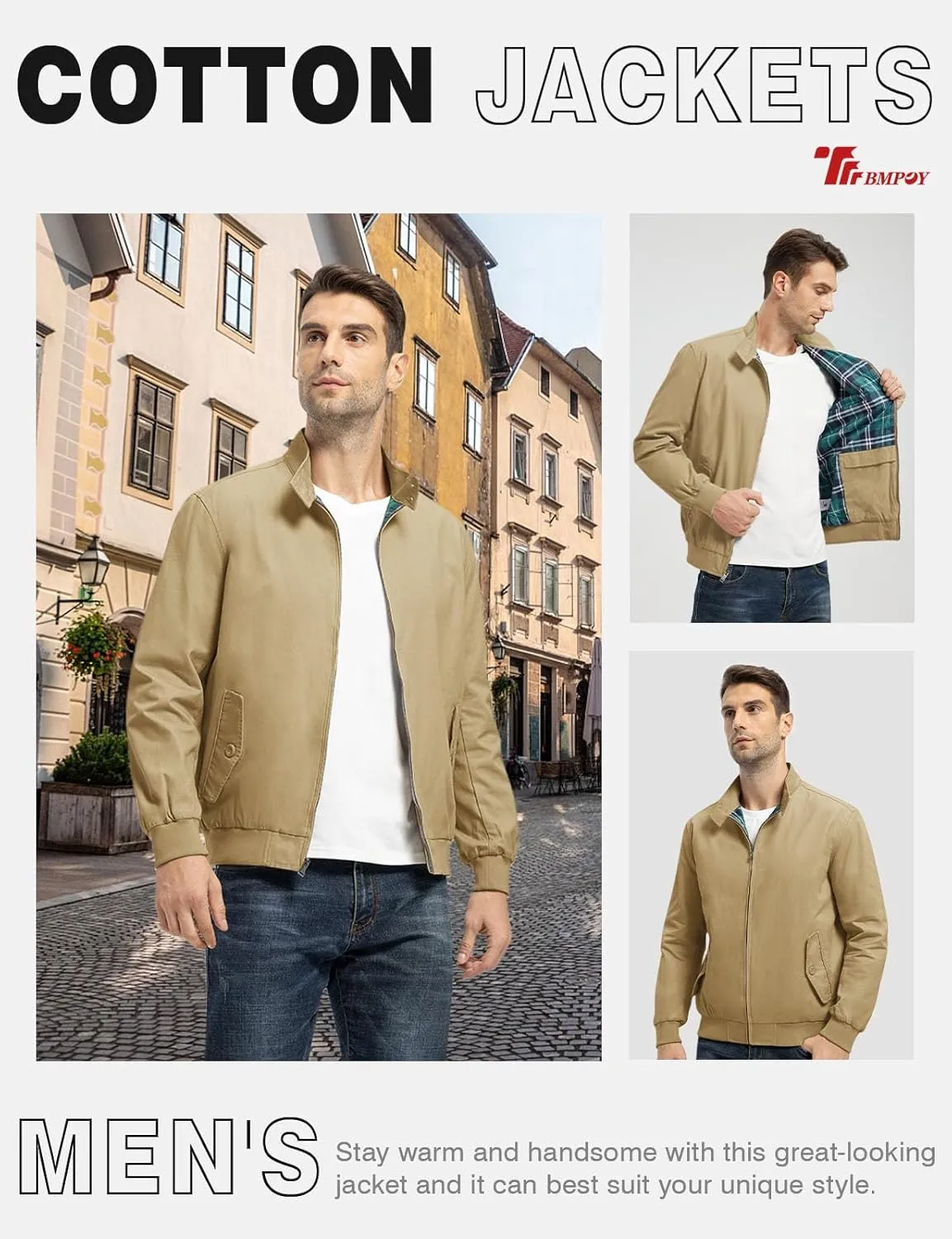 TBMPOY Men's Lightweight Cotton Jackets Golf Full Zip Windbreaker Spring Fall Stylish Casual Jackets Work bomber