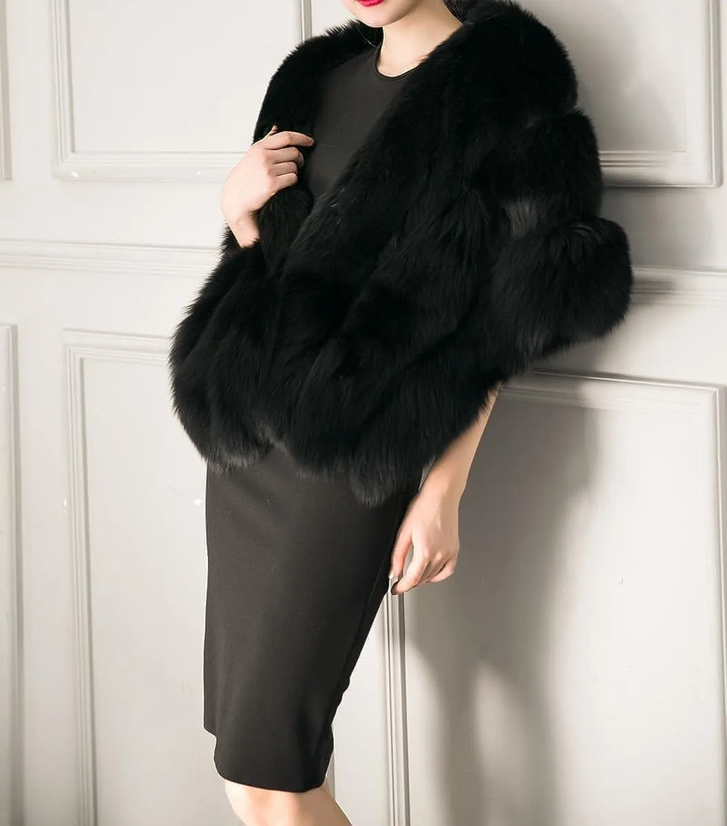 UMREN Women's Luxury Party Faux Fox Fur Long Shawl Cloak Cape for Winter