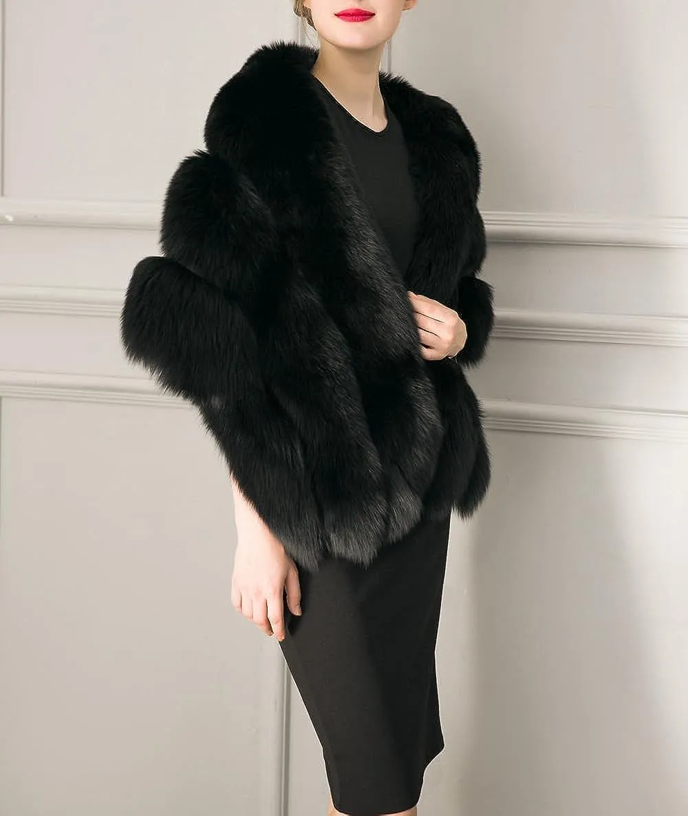 UMREN Women's Luxury Party Faux Fox Fur Long Shawl Cloak Cape for Winter
