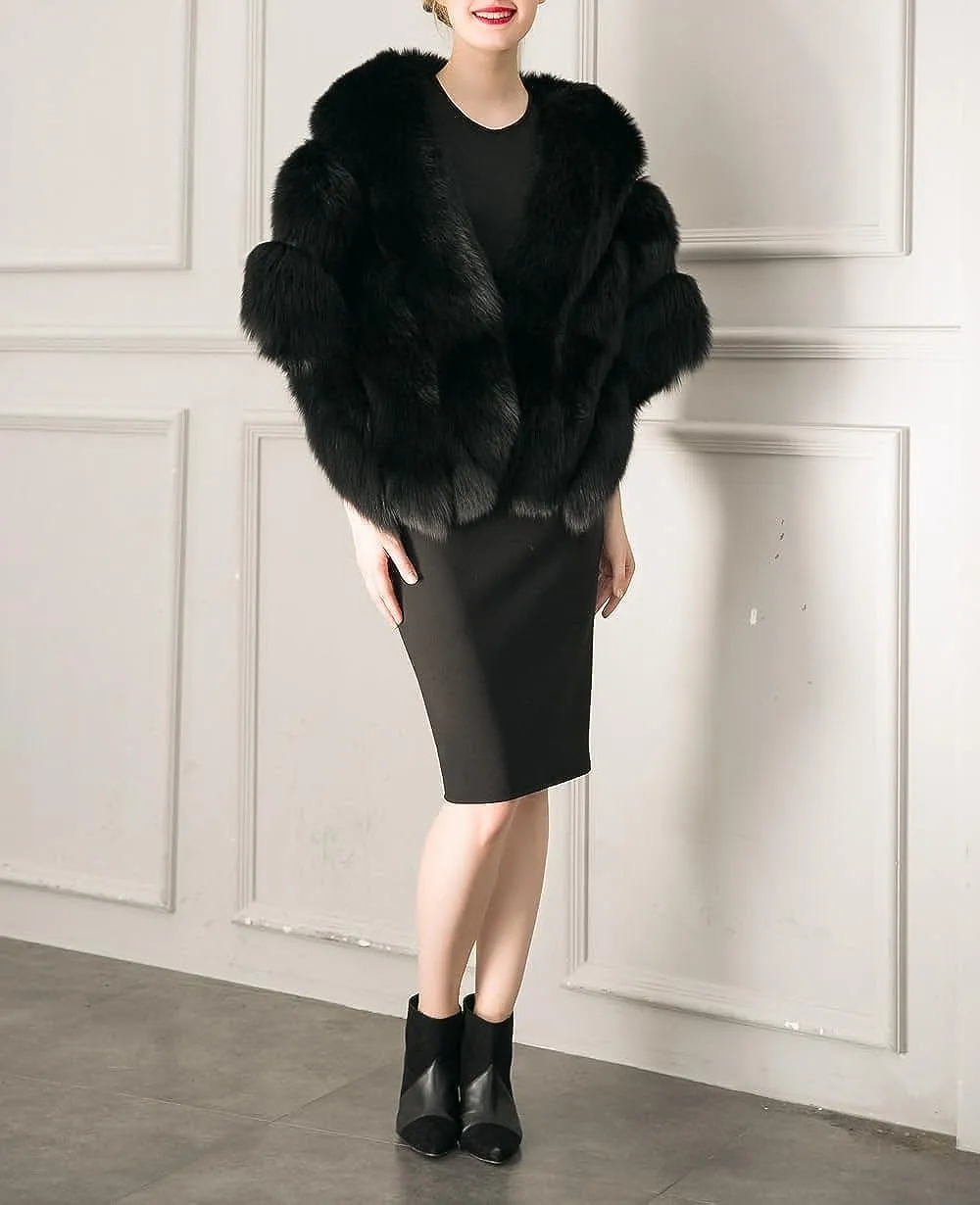 UMREN Women's Luxury Party Faux Fox Fur Long Shawl Cloak Cape for Winter