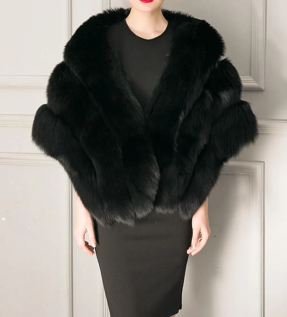 UMREN Women's Luxury Party Faux Fox Fur Long Shawl Cloak Cape for Winter