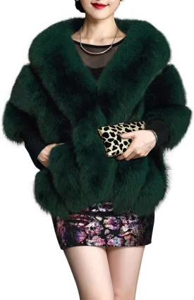 UMREN Women's Luxury Party Faux Fox Fur Long Shawl Cloak Cape for Winter