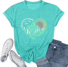Women Adventure Awaits Outdoor Graphic Tee Shirt Kindness Heart Printed Hike Mountain Nature Travel Shirt Workout Tops