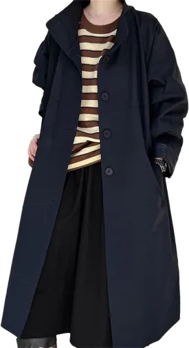 Women Solid Casual Loose Oversized TrenchCoat Stand Collar Long Sleeve Single Breasted Long Coats