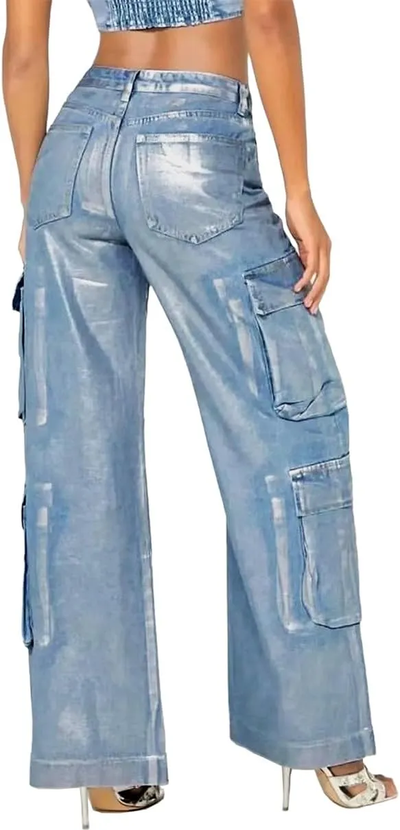 Women's Cargo Jeans Trendy Metallic Silver Stretchy Fit Baggy Wide Leg Jeans Y2k Straight Boyfriend Denim Pants