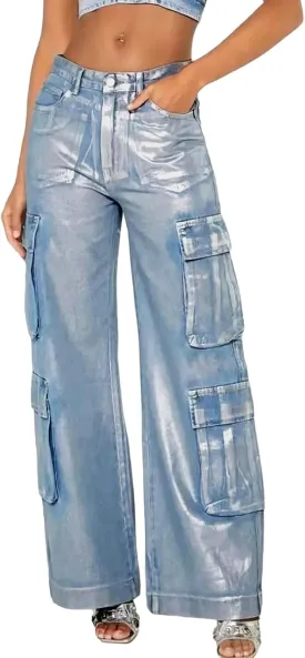 Women's Cargo Jeans Trendy Metallic Silver Stretchy Fit Baggy Wide Leg Jeans Y2k Straight Boyfriend Denim Pants