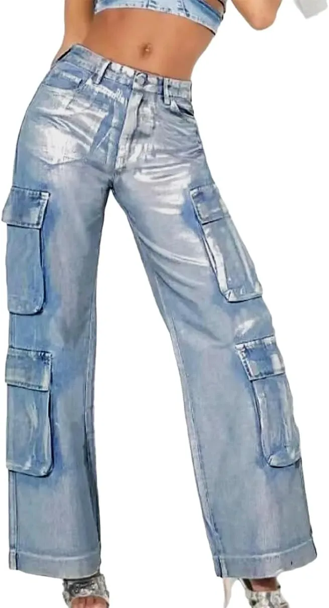 Women's Cargo Jeans Trendy Metallic Silver Stretchy Fit Baggy Wide Leg Jeans Y2k Straight Boyfriend Denim Pants