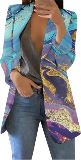 Women's Fall Casual Trendy Long Sleeve Lapel Floral Cardigan Jacket Plus Size
