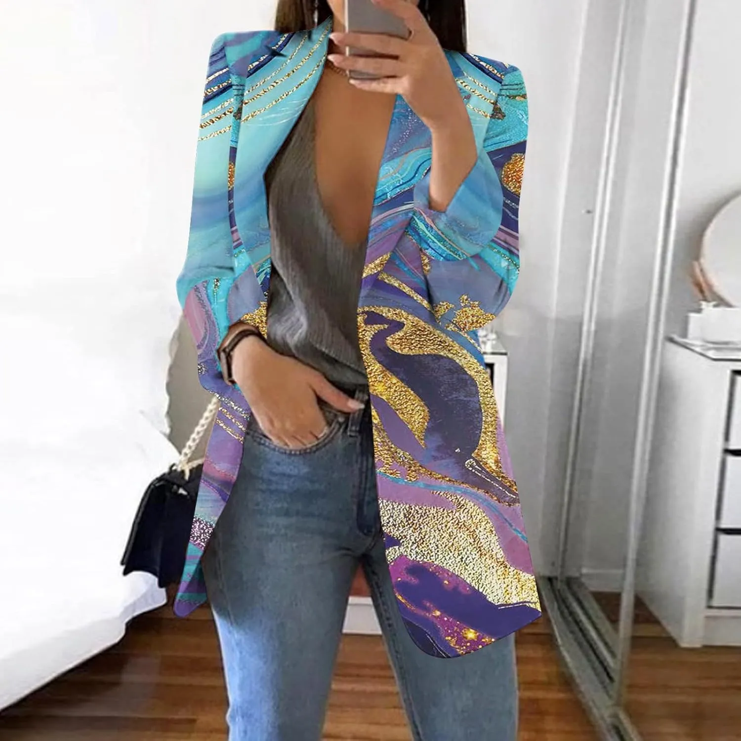 Women's Fall Casual Trendy Long Sleeve Lapel Floral Cardigan Jacket Plus Size