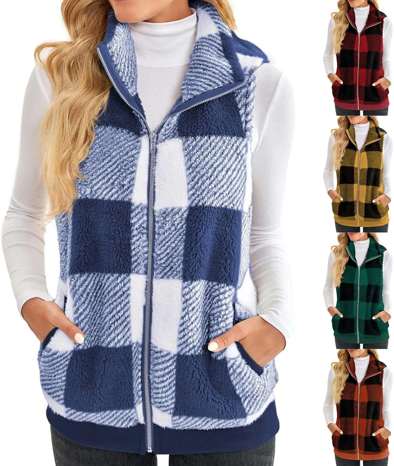 Womens Fashion Plaid Fleece Vest Casual Fuzzy Sleeveless Fuzzy Sherpa Vest Fluffy Zipper Jacket Warm Outerwear