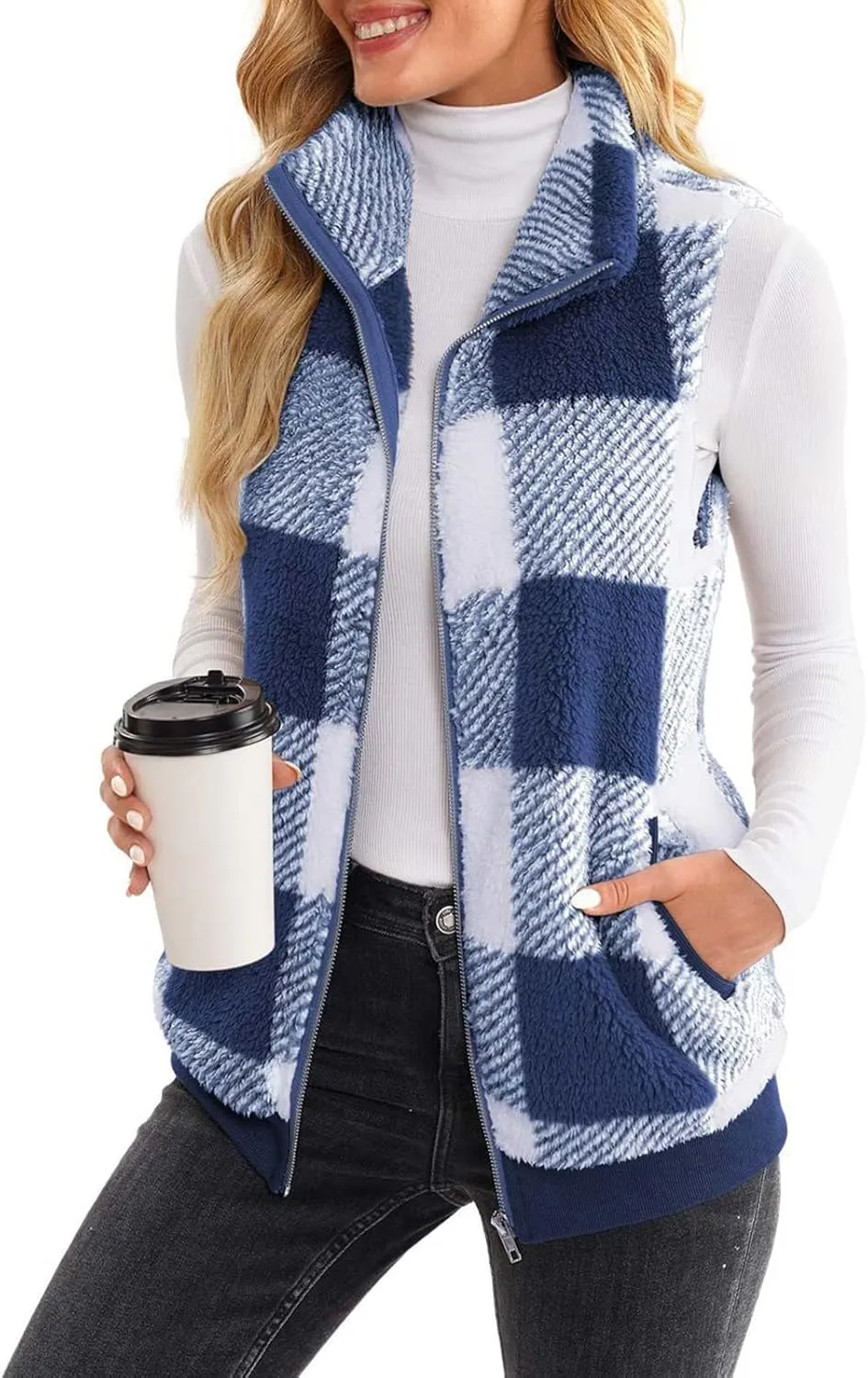 Womens Fashion Plaid Fleece Vest Casual Fuzzy Sleeveless Fuzzy Sherpa Vest Fluffy Zipper Jacket Warm Outerwear
