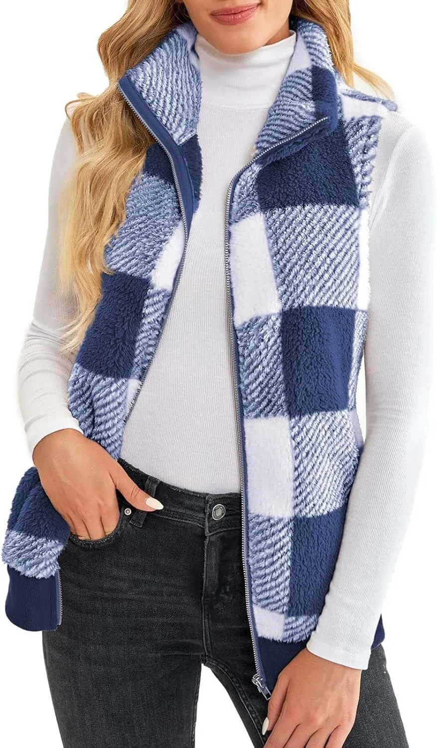 Womens Fashion Plaid Fleece Vest Casual Fuzzy Sleeveless Fuzzy Sherpa Vest Fluffy Zipper Jacket Warm Outerwear