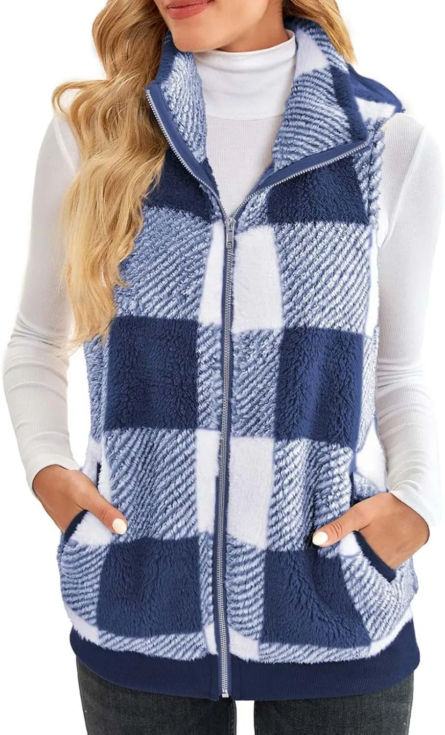 Womens Fashion Plaid Fleece Vest Casual Fuzzy Sleeveless Fuzzy Sherpa Vest Fluffy Zipper Jacket Warm Outerwear
