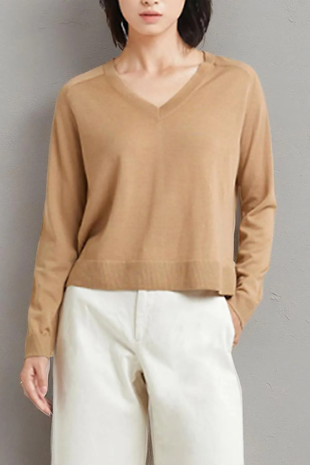 Women's Merino Wool Sweater Casual Lightweight V-Neck Raglan Sleeve Top Pullover