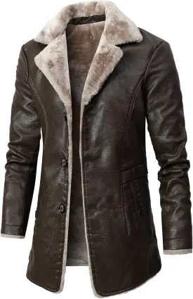 yardsong Men's Winter Coats Faux Fur Lined Faux Leather Casual Trench Coats Button Down Notched Lapel Collar Jackets
