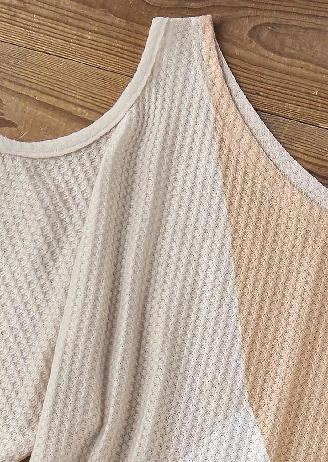 YeonYoonA Women Color Block Waffle Cold Shoulder Blouse Women's Batwing Half Sleeve Shirts Waffle Loose Tops