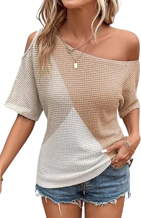 YeonYoonA Women Color Block Waffle Cold Shoulder Blouse Women's Batwing Half Sleeve Shirts Waffle Loose Tops