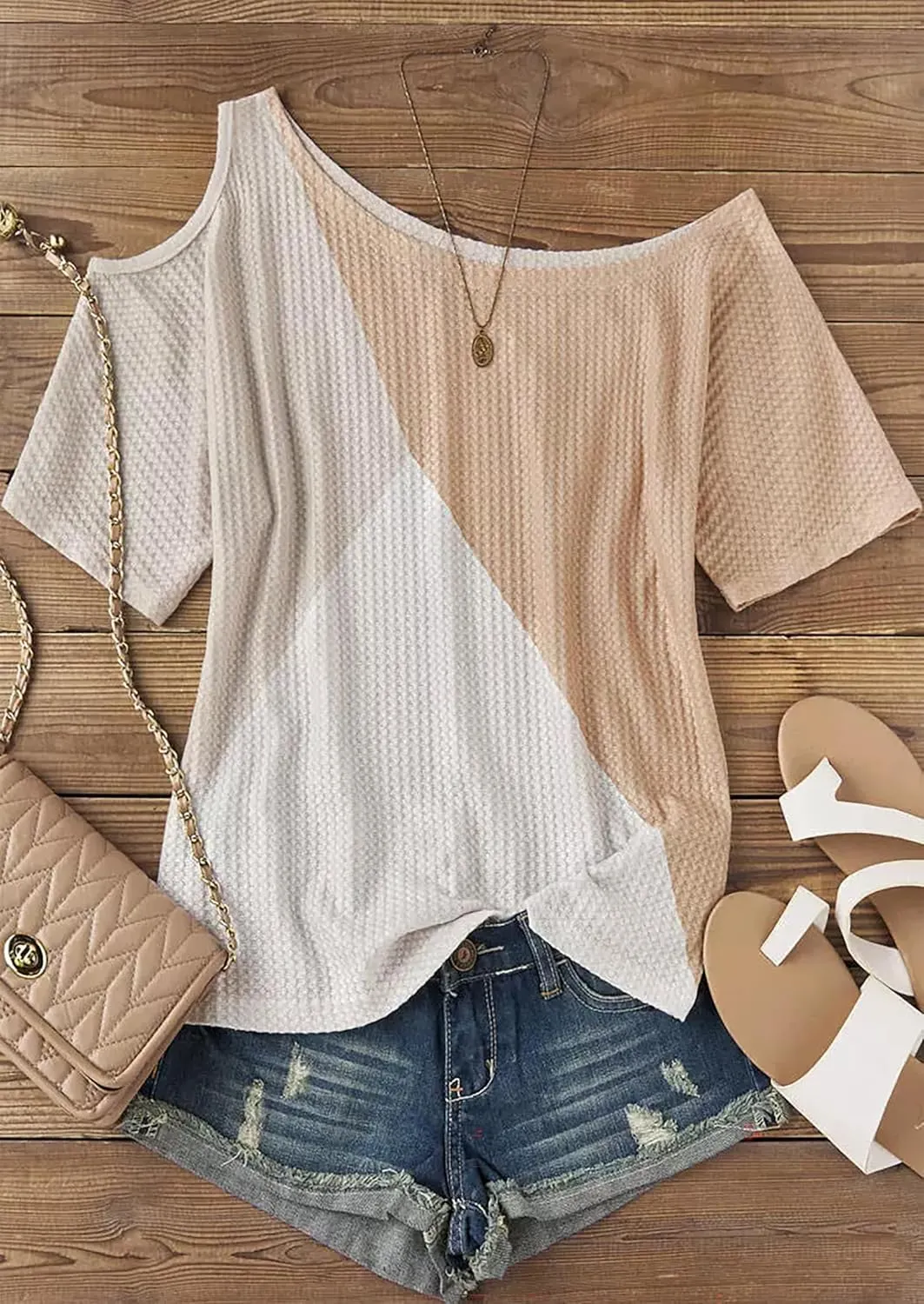 YeonYoonA Women Color Block Waffle Cold Shoulder Blouse Women's Batwing Half Sleeve Shirts Waffle Loose Tops