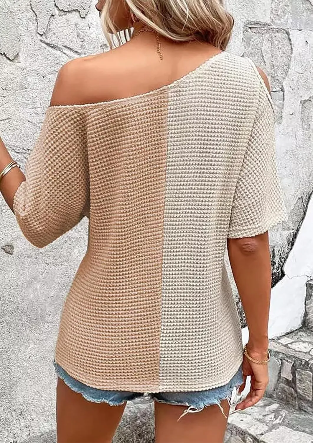 YeonYoonA Women Color Block Waffle Cold Shoulder Blouse Women's Batwing Half Sleeve Shirts Waffle Loose Tops